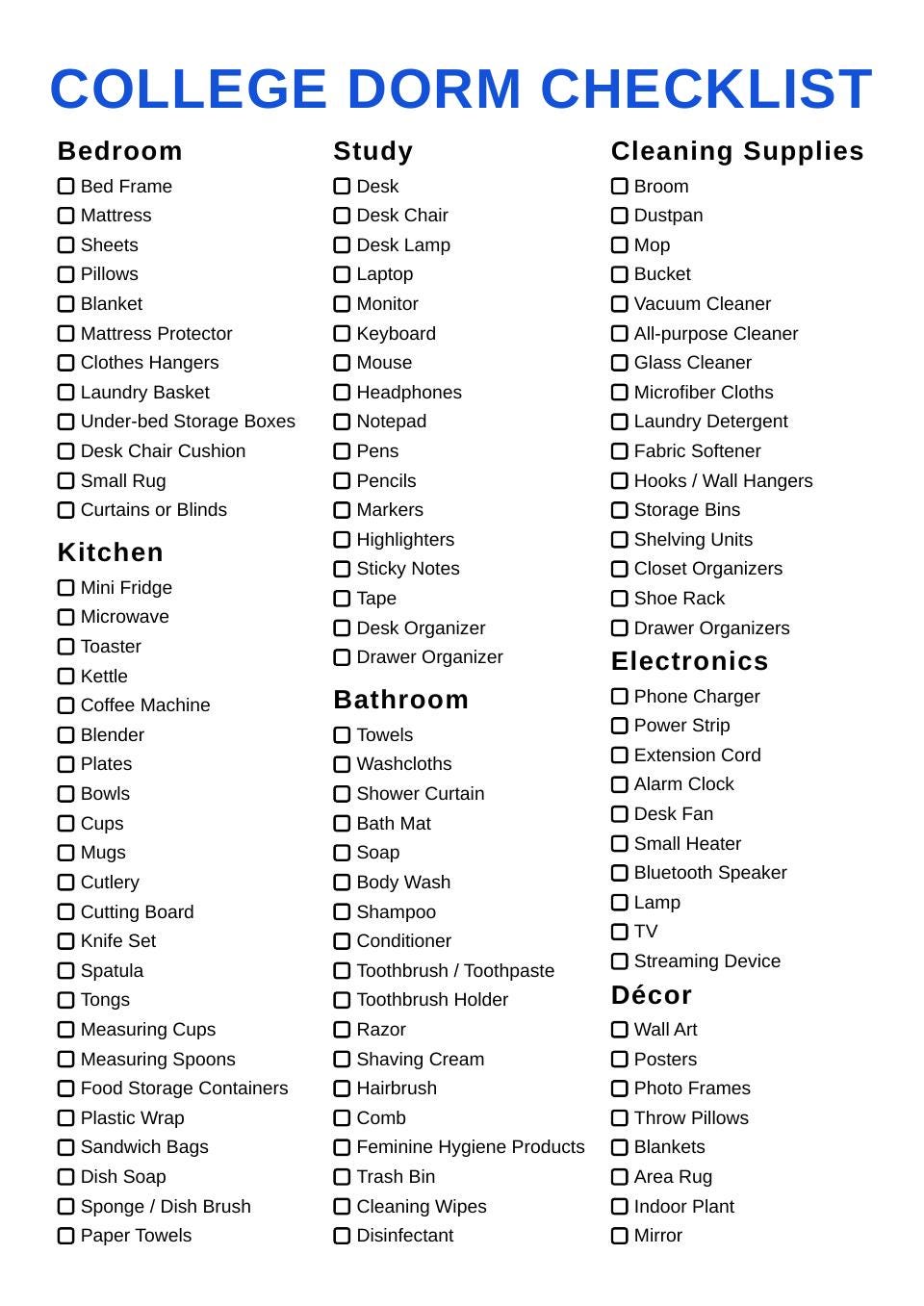 Essential College Dorm Guide | Room Setup Planner | Move-in Checklist ...