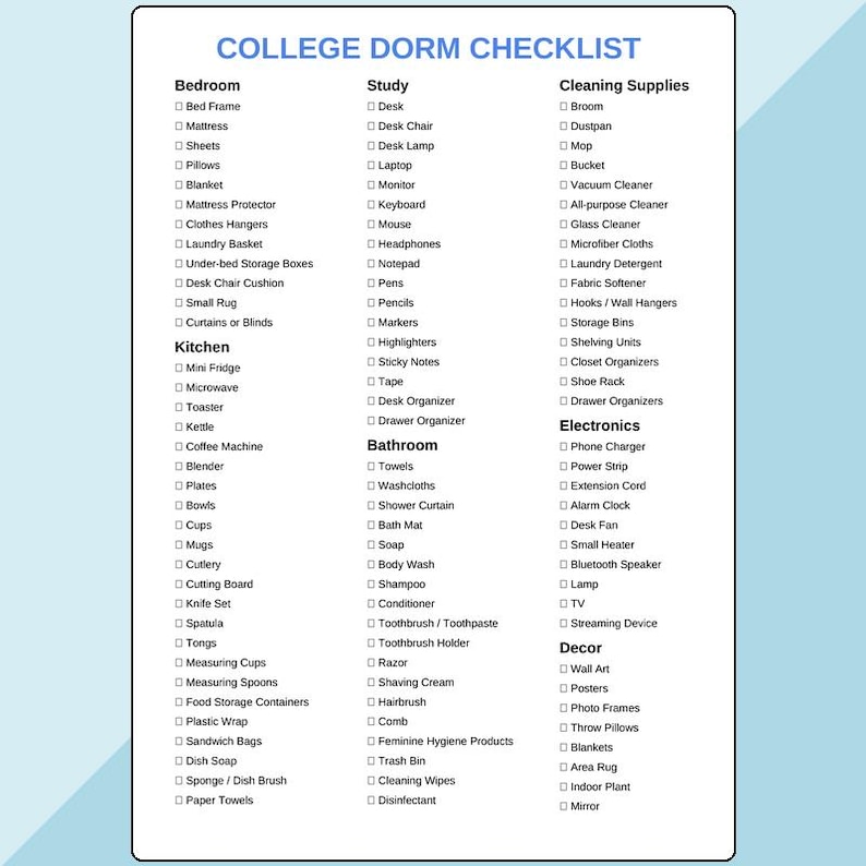 Essential College Dorm Checklist PDF | Room Setup Planner | Dorm ...