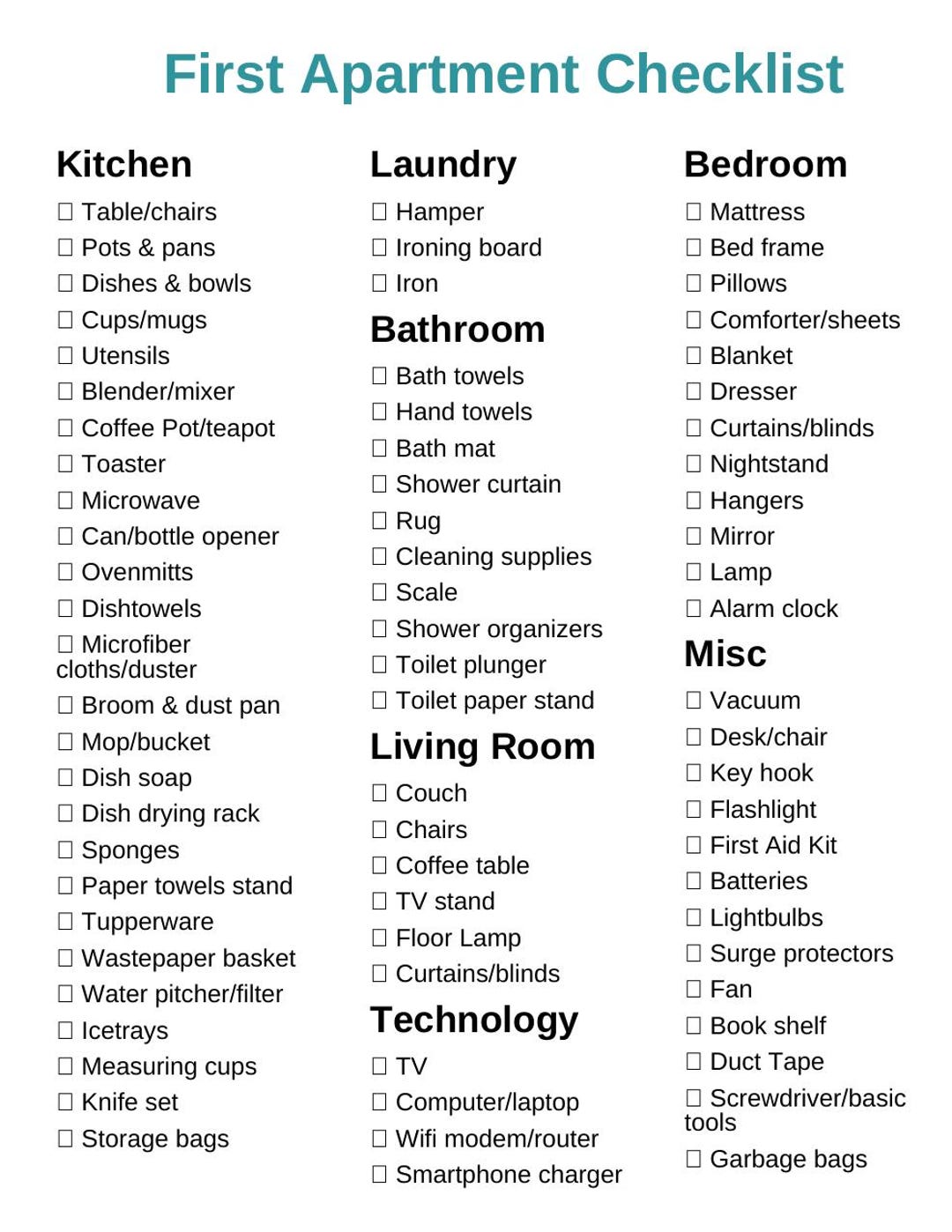 First House Checklist.pdf Ultimate First Apartment & New Home Essentials Checklist | Instant PDF ...