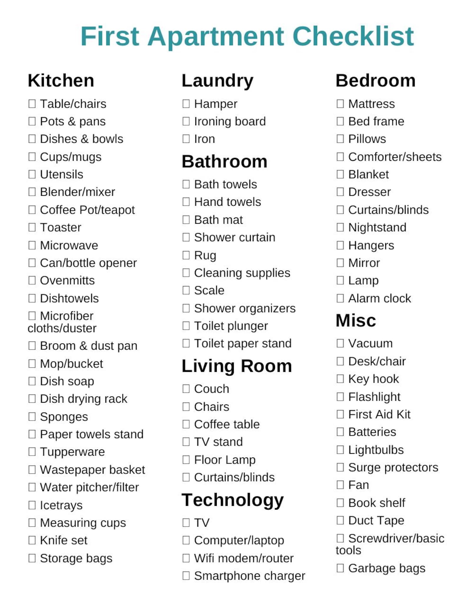 Ultimate First Apartment & New Home Essentials Checklist | Instant PDF ...
