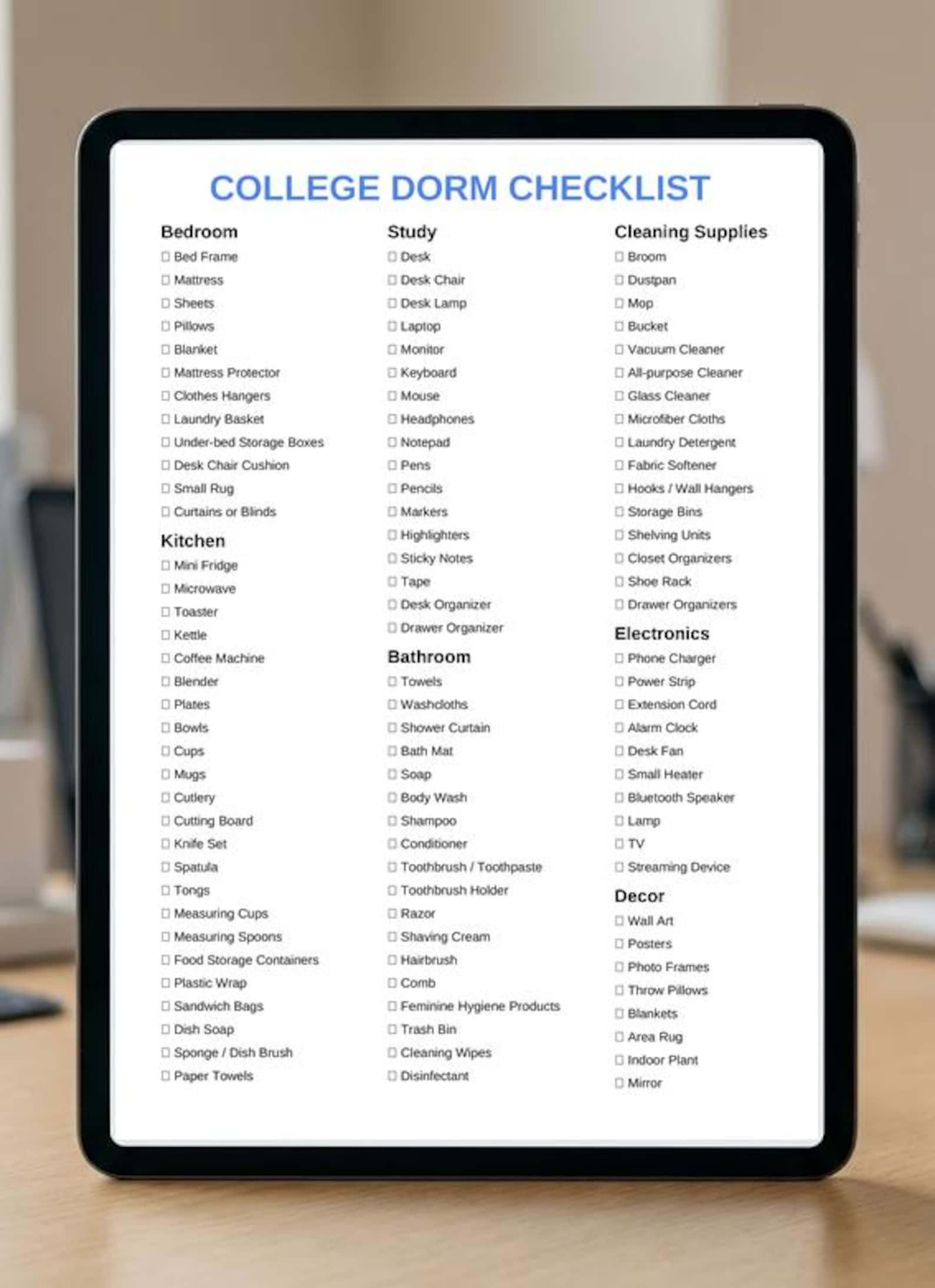Essential College Dorm Checklist PDF | Room Setup Planner | Dorm ...
