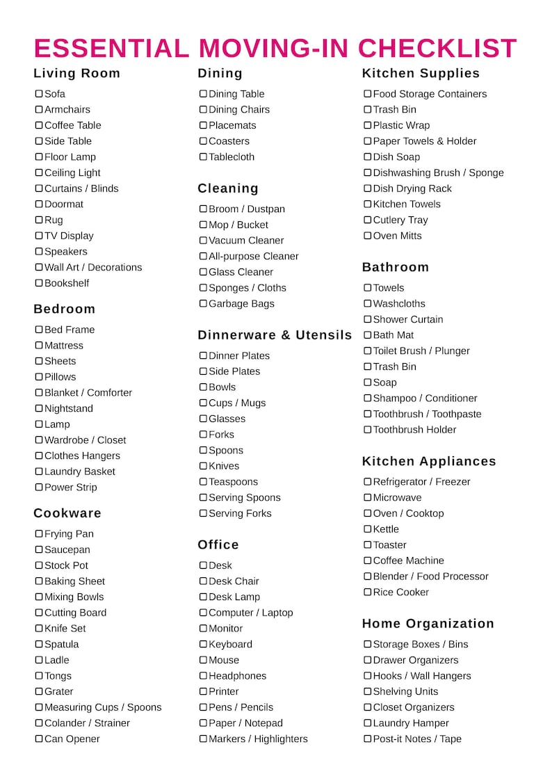 Moving In Checklist Items Essential Moving-in Checklist | First Apartment Planner PDF | Apartment ...