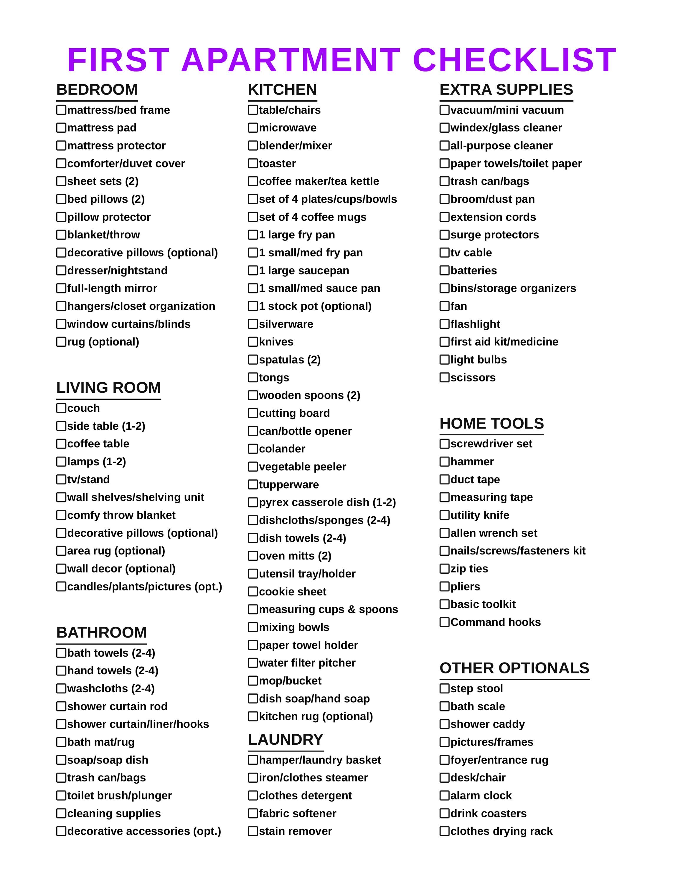 First Apartment Checklist PDF | Room Setup Planner | Dorm Organization ...