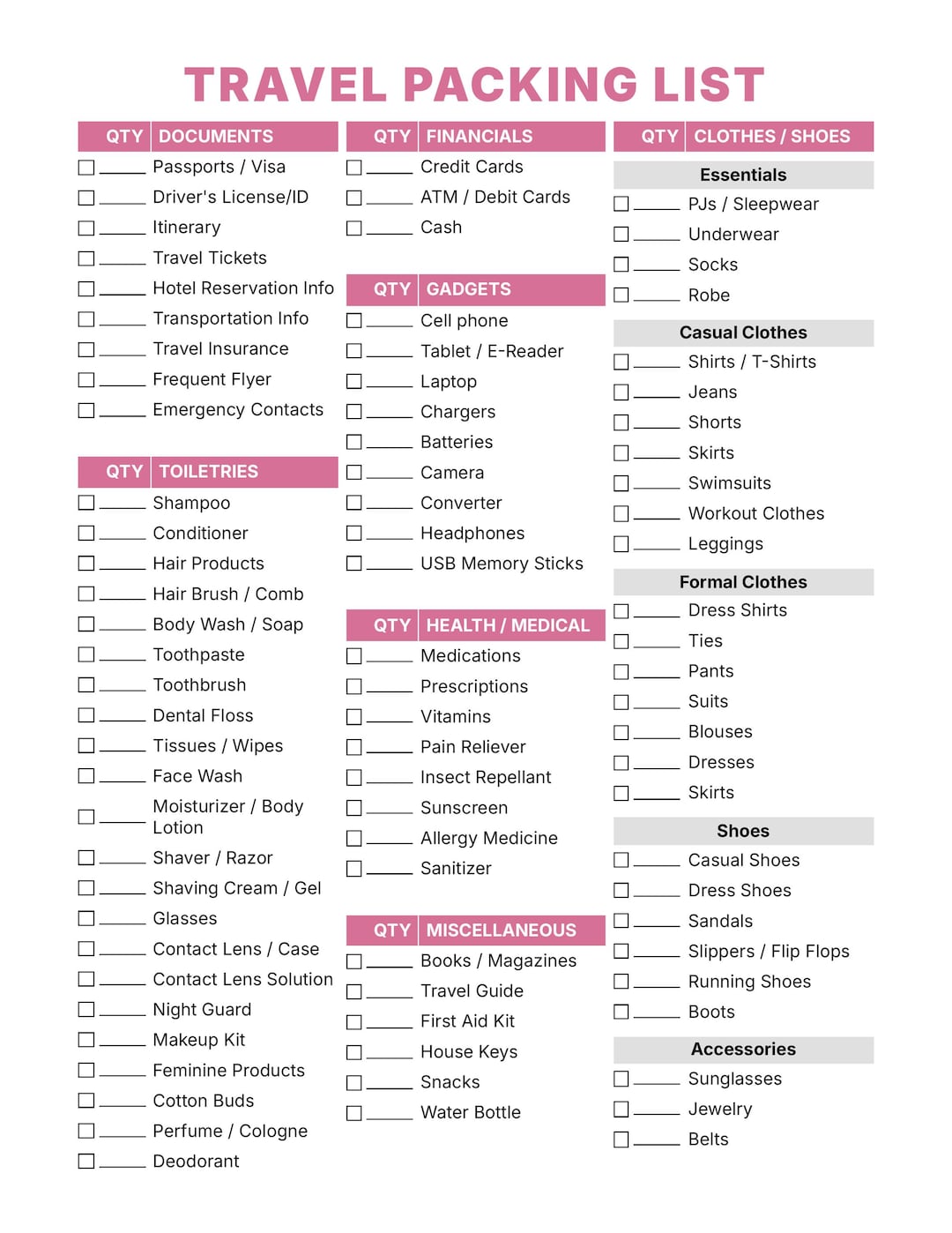 Travel Packing List Printable | Pink Travel Planner | Vacation ...