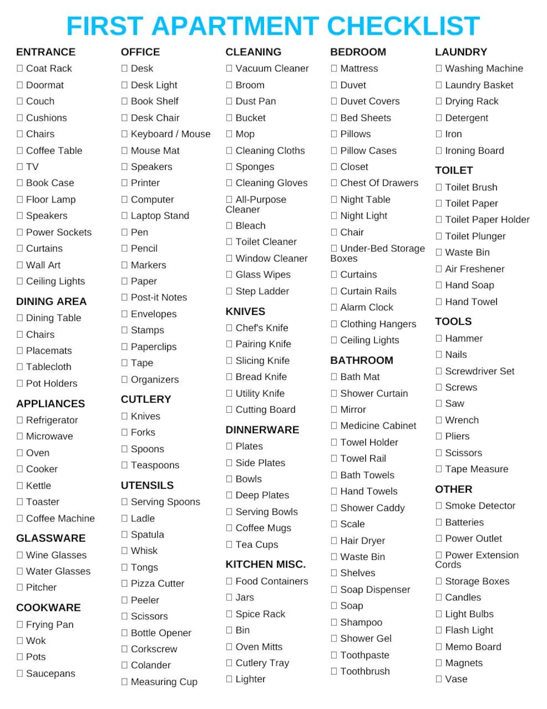 Apartment Move-in Checklist | Ultimate First Apartment Checklist | New ...