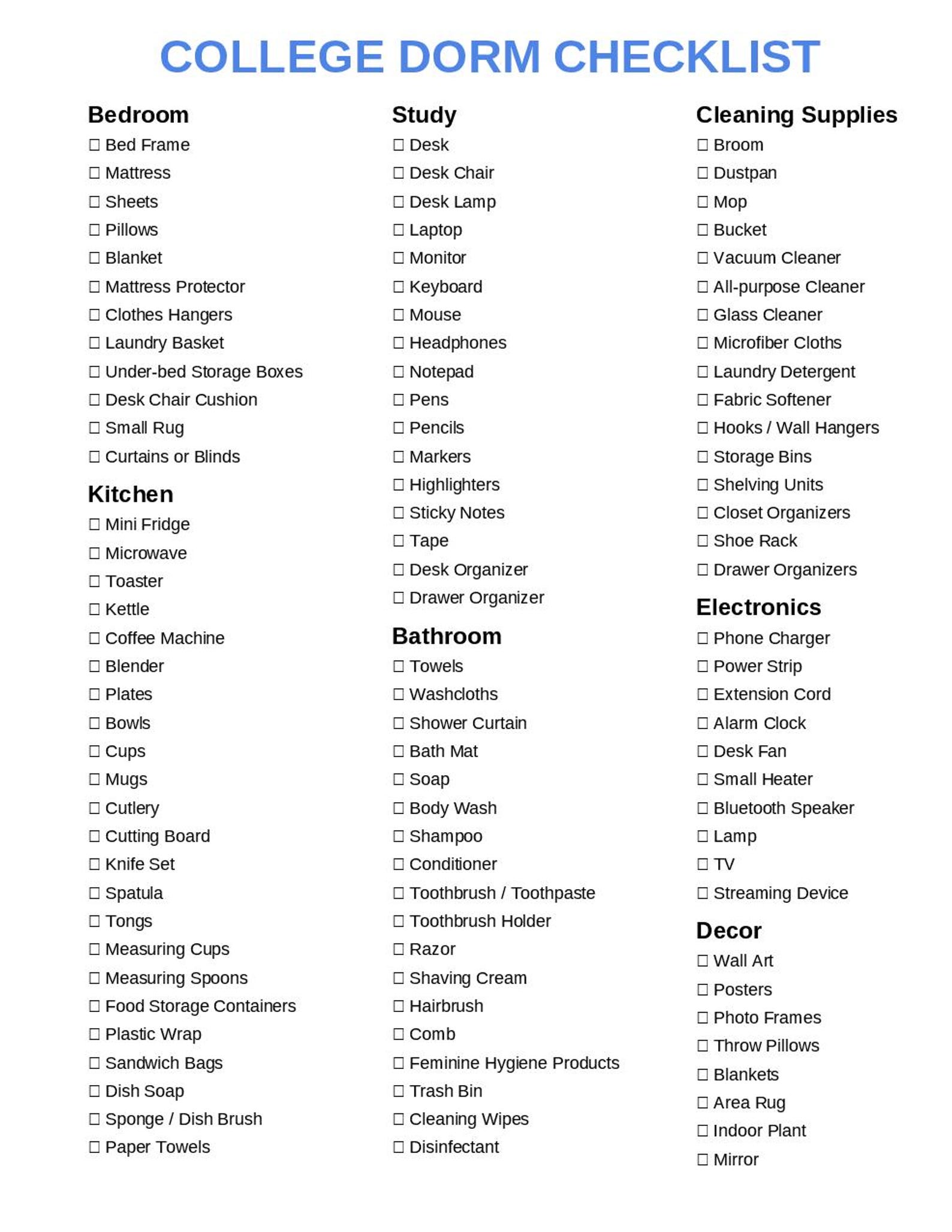 Essential College Dorm Checklist PDF | Room Setup Planner | Dorm ...