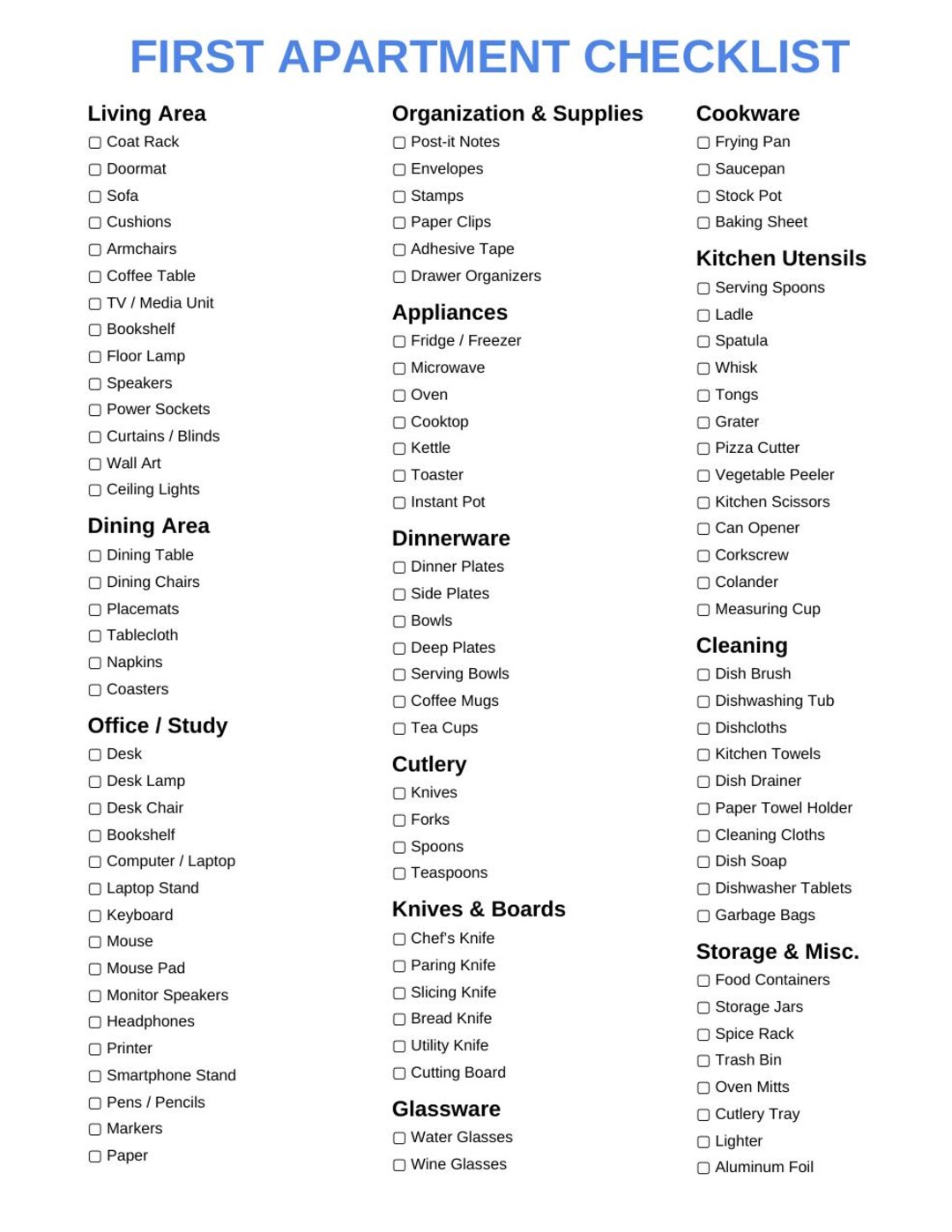 Printable First Apartment Checklist | Move-in Essentials PDF | New Home ...