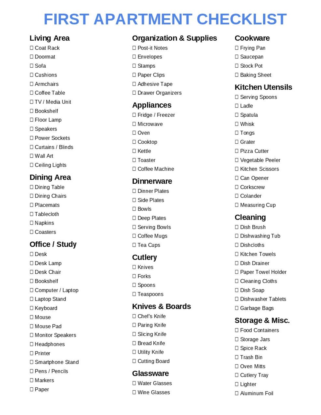 First Apartment Checklist Printable | Move-in Essentials PDF | New Home ...