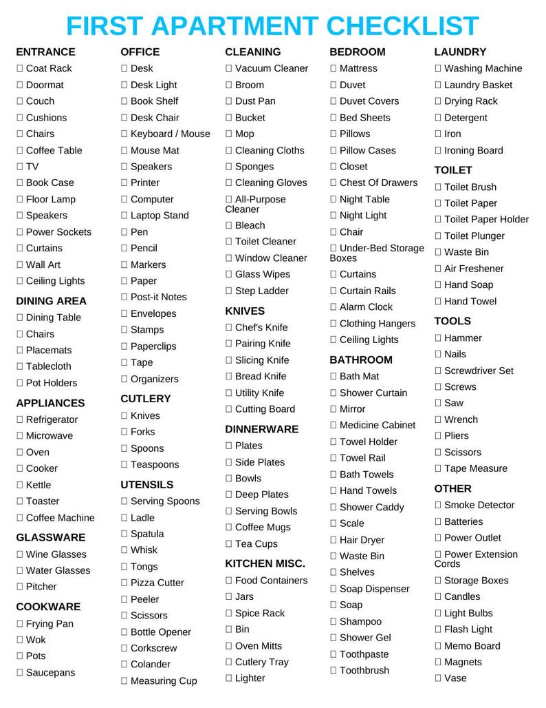 Apartment Move-in Checklist | Ultimate First Apartment Checklist | New ...