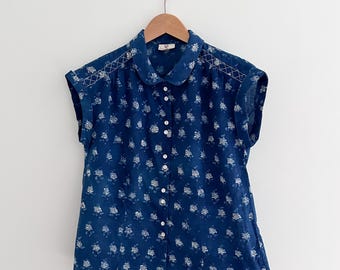 Anokhi Indigo Block Print Cotton Blouse Hand Printed Button Front Top Size XS