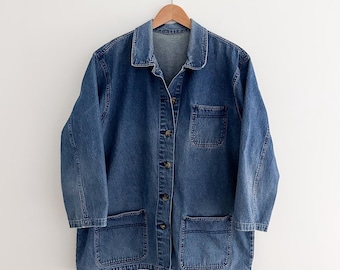 Vintage Denim Chore Coat Oversized Jean Jacket Cotton Workwear Barn Jacket Size Large