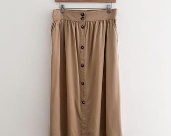 Loft Tan Button Front Midi Skirt Pleated Waist Soft A-Line Minimal Classic Size 10