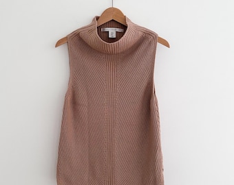 Max Studio 100% Cotton Ribbed Sweater Vest Dusty Rose Beige Mock Neck Quiet Luxury Top Size M