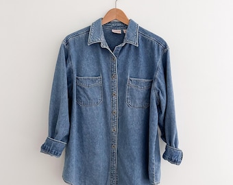 Vintage 100% Cotton Denim Shirt Oversized Button Down Made In Hong Kong Size L