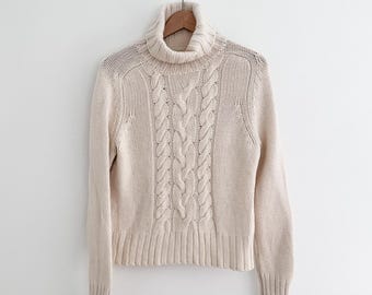 Cream Cable Knit Turtleneck Sweater Wool Angora Blend Cozy Women's Pullover Size Small