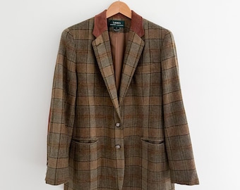 Vintage Ralph Lauren Wool Plaid Blazer Size 10 Equestrian English Countryside