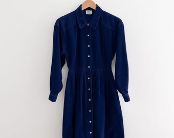 Vintage Laura Ashley Navy Blue Corduroy Classic Button Front Shirt Dress Size 4