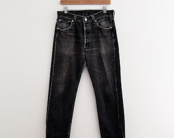 Vintage Levi's 501 Black Denim Jeans Made in USA 34x30 Faded Charcoal 90s Era