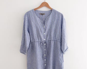 FLAX Linen Gingham Tunic | Blue White Check | Button Front | Coastal Cottage | S