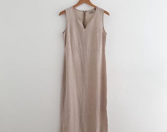 Vintage L.L.Bean Linen Blend Sleeveless Midi Dress Neutral Minimal Shift Size 6