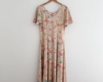 Vintage Boho Floral Midi Dress 90s USA Made Soft Grunge Cottage Size Large