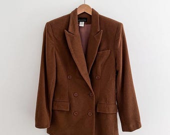 Vintage 90s Express Blazer Made in USA Wool Blend Double Breasted Brown Medium