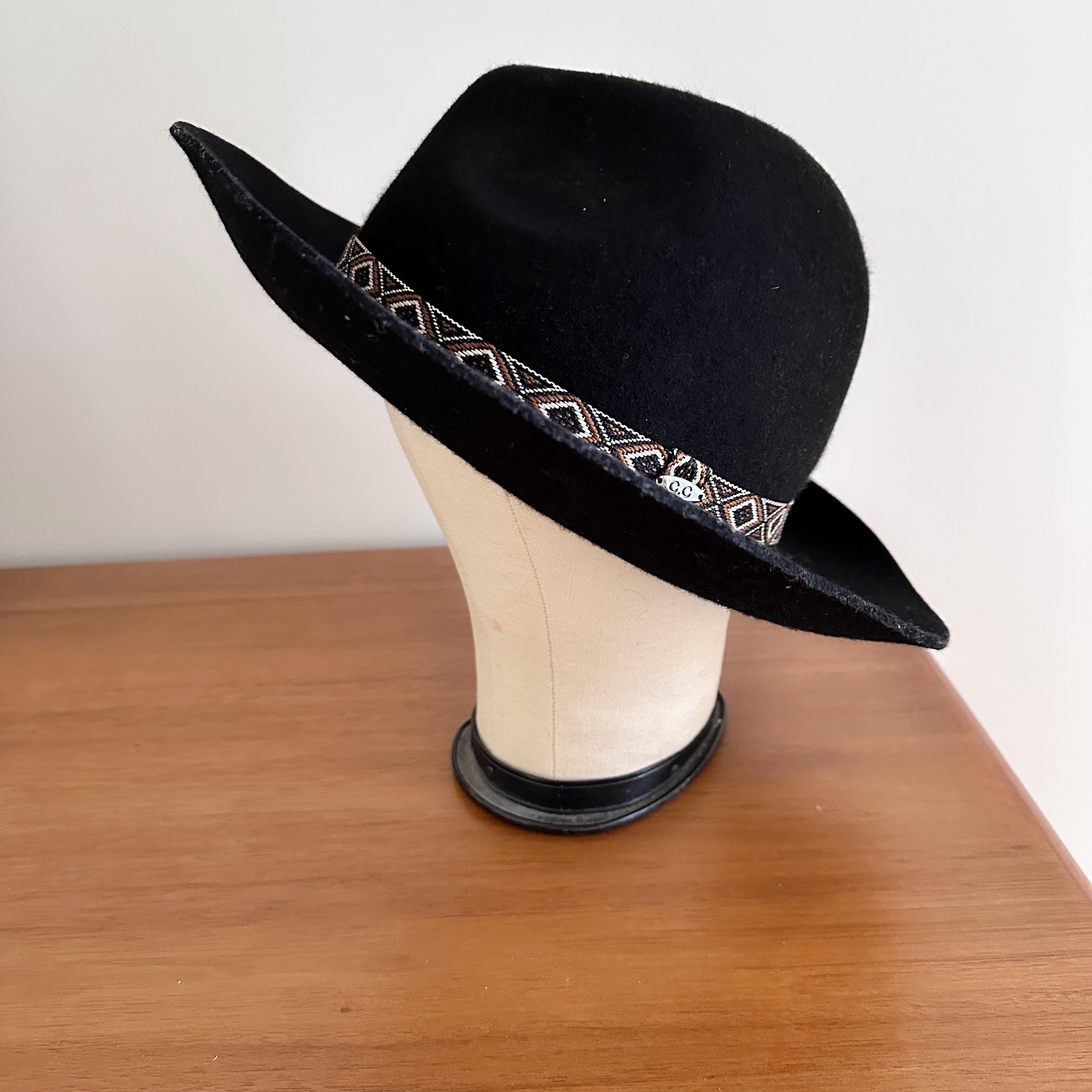 Black Wool Rancher Fedora Wide Brim Western Boho Festival Minimalist Hat OSFA Black Wool Felt Wide Brim Fedora Hat With Woven Band Boho  main image 4