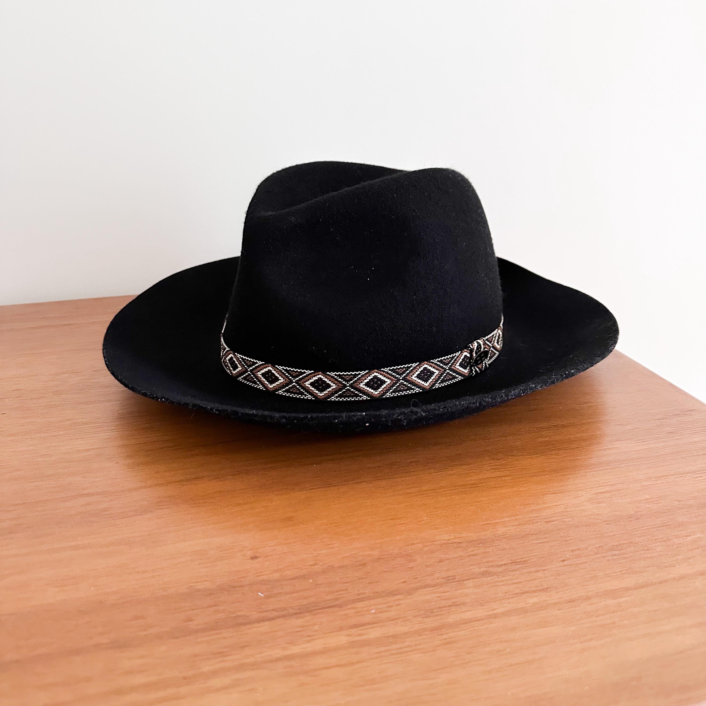 Black Wool Felt Wide Brim Fedora Hat With Woven Band Boho 