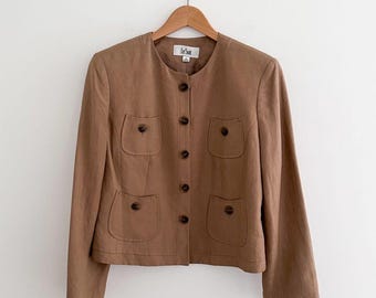 Vintage 90s Le Suit Linen Blend Cropped Jacket Neutral Minimal Tailored Size 10
