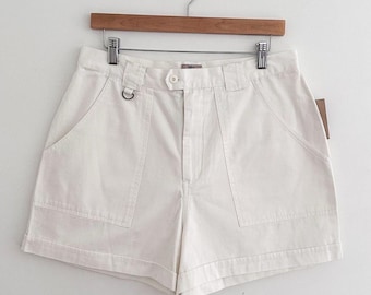 Vintage White Cotton Shorts High Waist Cuffed Hem Utility Patch Pockets Size L
