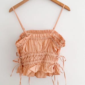 Free People Gabby Tube Top Peach Ruched Tie Sides Peplum Hem Removable Straps Size Large image 7