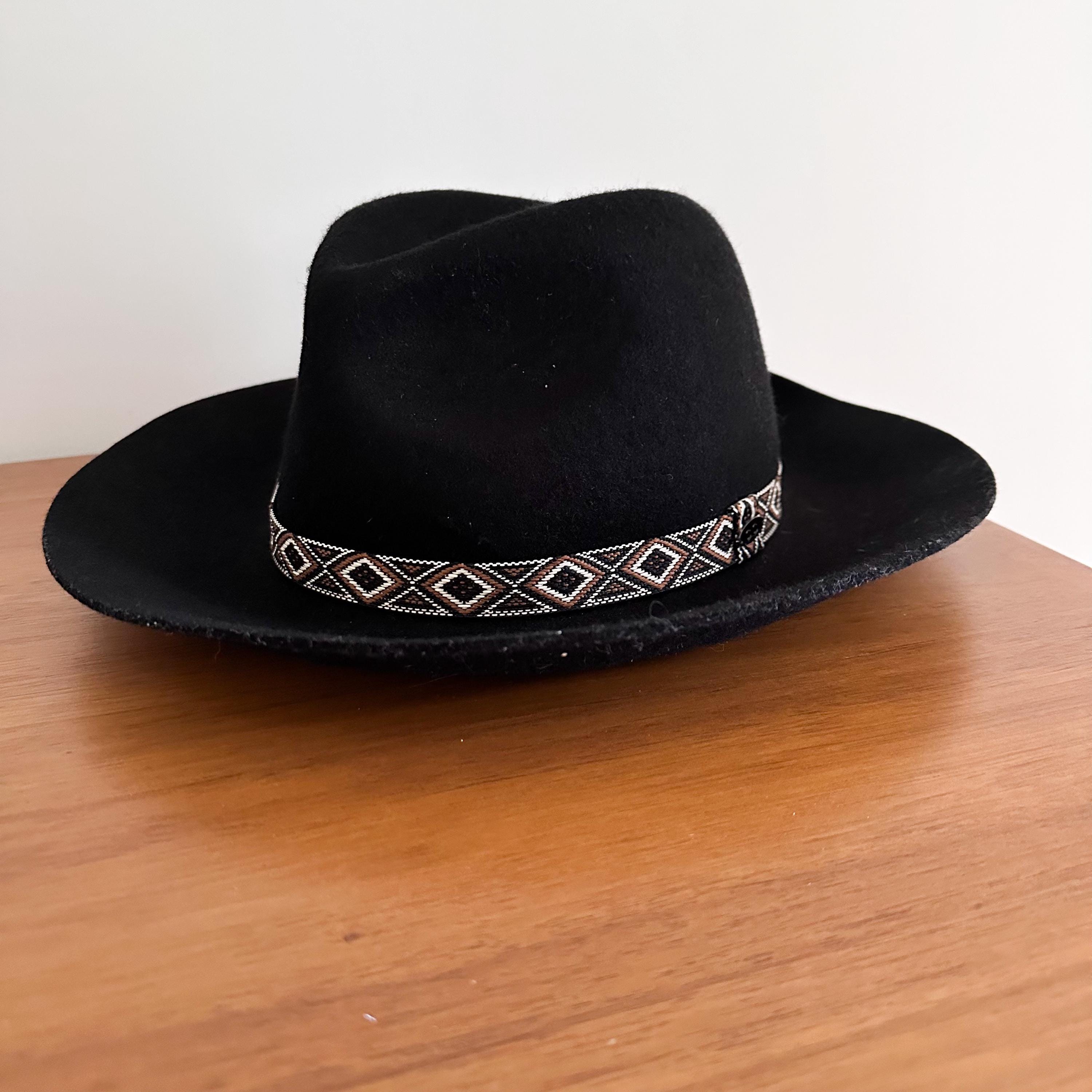 Black Wool Felt Wide Brim Fedora Hat With Woven Band Boho  display picture 3