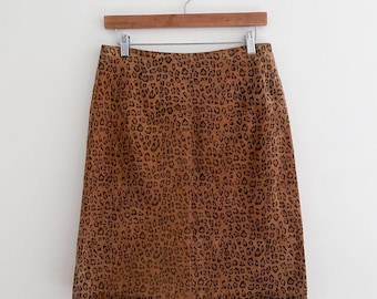 Vintage Margaret Godfrey Suede Leopard Print Skirt Size 8 Brown A-Line Midi