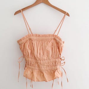 Free People Gabby Tube Top Peach Ruched Tie Sides Peplum Hem Removable Straps Size Large image 4