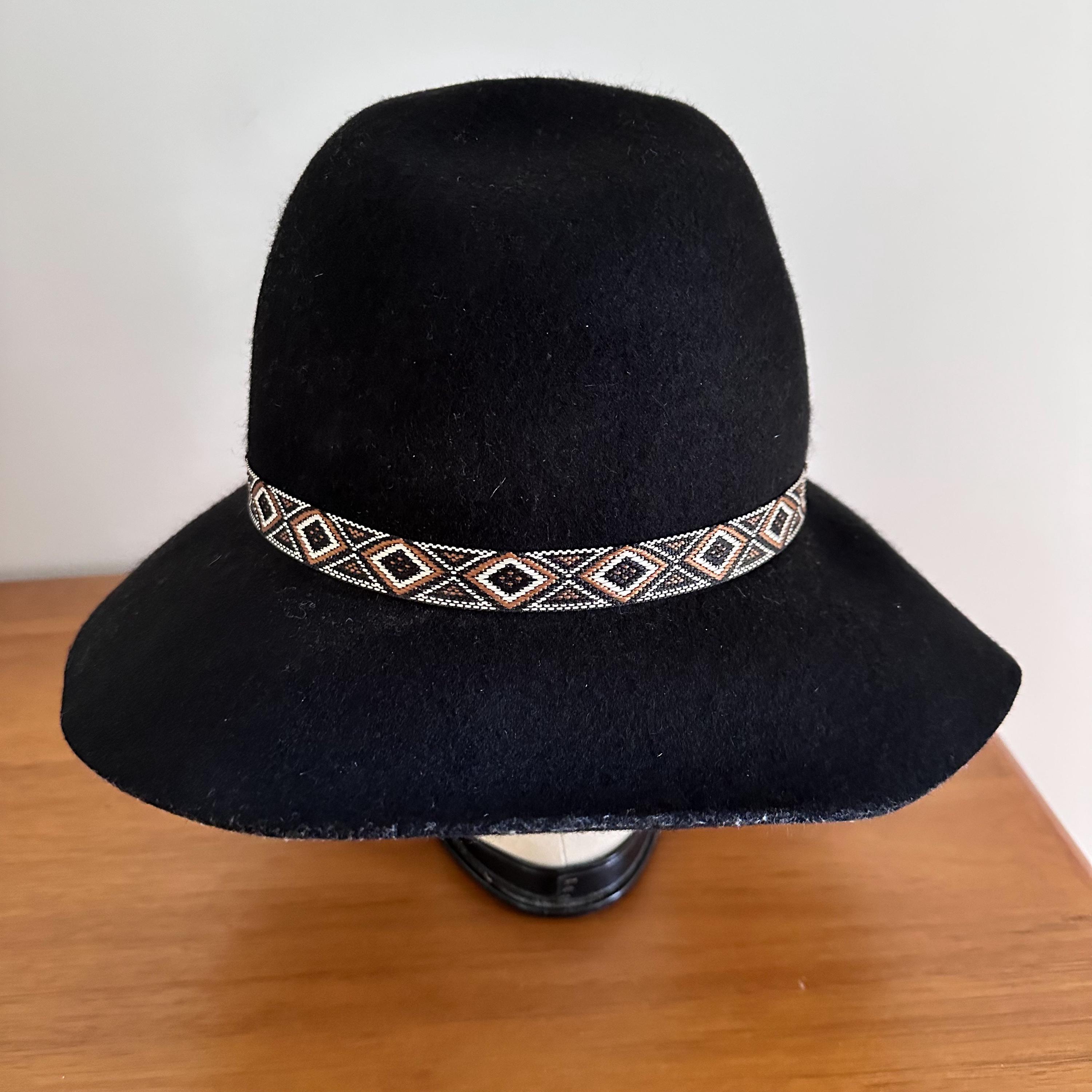 Black Wool Felt Wide Brim Fedora Hat With Woven Band Boho 