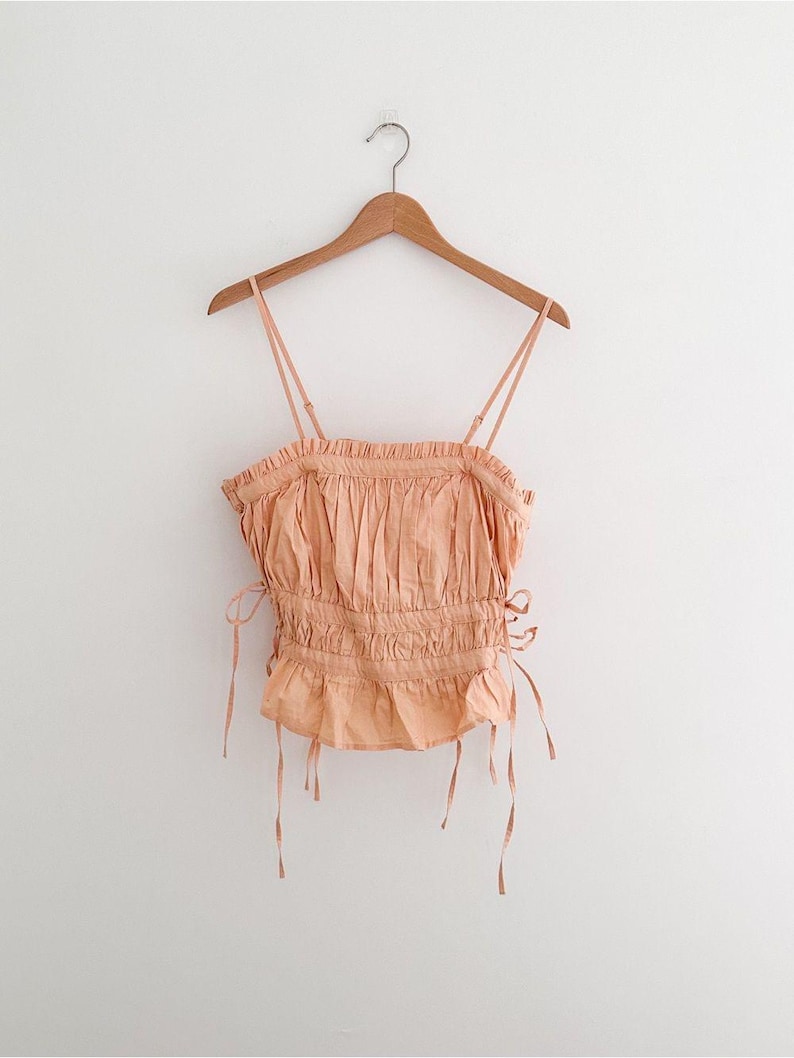 Free People Gabby Tube Top Peach Ruched Tie Sides Peplum Hem Removable Straps Size Large image 1