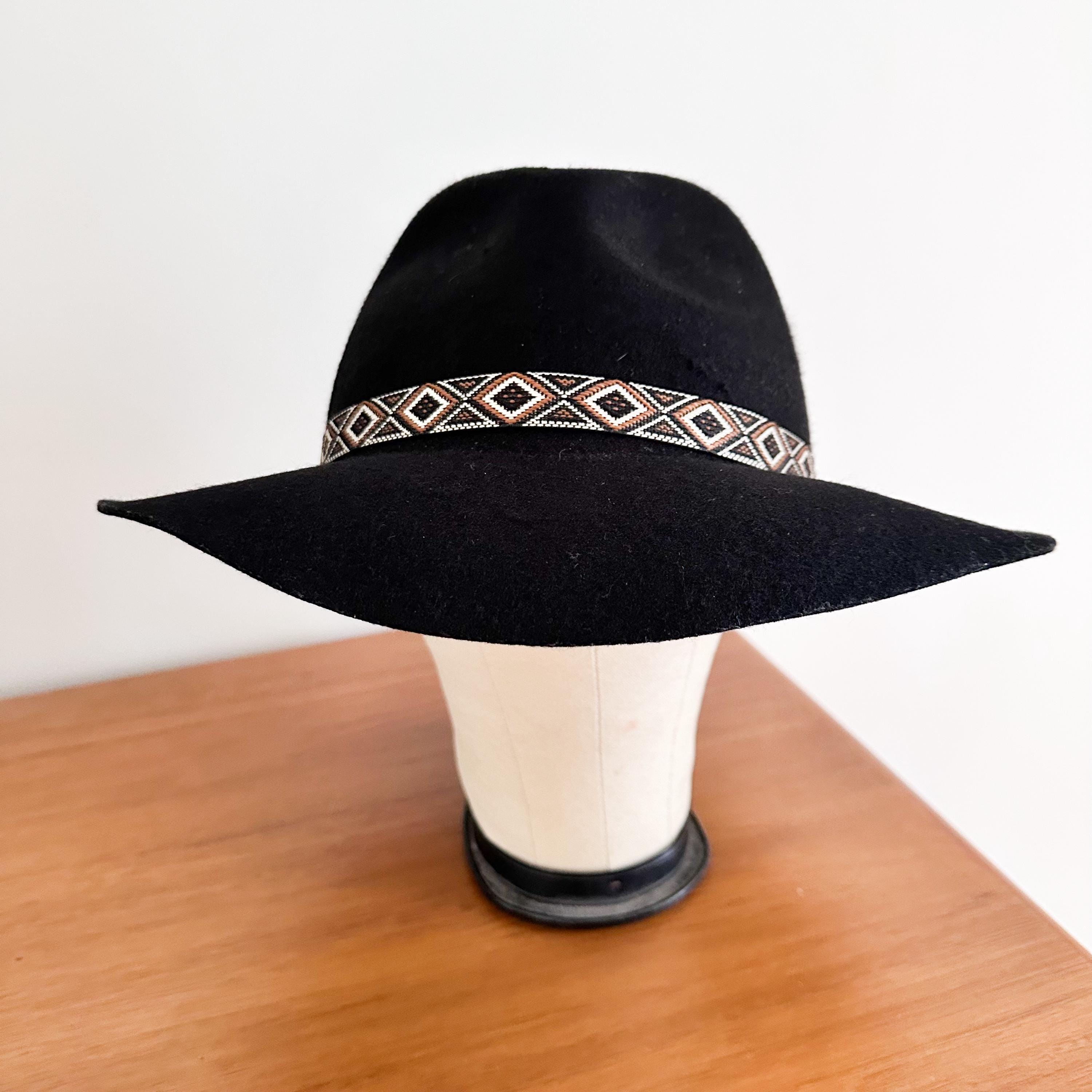 Black Wool Rancher Fedora Wide Brim Western Boho Festival Minimalist Hat OSFA Black Wool Felt Wide Brim Fedora Hat With Woven Band Boho  main image 3