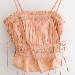 Free People Gabby Tube Top Peach Ruched Tie Sides Peplum Hem Removable Straps Size Large image 2