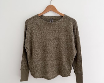 Anthropologie Textured Cotton Blend Oversized Pullover Olive Green Crew Neck Ribbed Cuffs Size XS