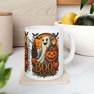 Halloween Ghost Mug, Cute Ceramic Mug for Fall, Boo Coffee Cup, Pumpkin Decor, Spooky Gift for Halloween