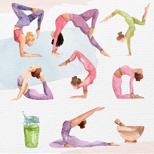 Puede incluir: Ilustraci&oacute;n en acuarela de posturas de yoga en tonos morados, rosas y verdes. La imagen incluye un batido, un mortero y una maja, y varias posiciones de yoga, ideal para un estudio de yoga o decoraci&oacute;n tem&aacute;tica de bienestar.