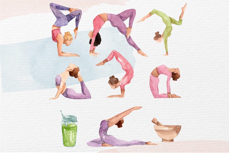 Puede incluir: Ilustraci&oacute;n en acuarela de posturas de yoga en tonos morados, rosas y verdes. La imagen incluye un batido, un mortero y una maja, y varias posiciones de yoga, ideal para un estudio de yoga o decoraci&oacute;n tem&aacute;tica de bienestar.