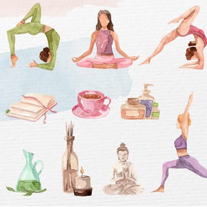 Puede incluir: Ilustraci&oacute;n en acuarela con poses de yoga, una taza de t&eacute;, libros, aceites esenciales, una estatua de Buda y una vela. La imagen tiene una paleta de colores pastel con tonos de rosa, verde y morado, evocando una sensaci&oacute;n de relajaci&oacute;n y bienestar.