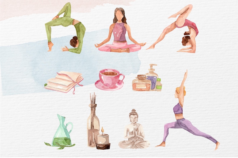 Puede incluir: Ilustraci&oacute;n en acuarela con poses de yoga, una taza de t&eacute;, libros, aceites esenciales, una estatua de Buda y una vela. La imagen tiene una paleta de colores pastel con tonos de rosa, verde y morado, evocando una sensaci&oacute;n de relajaci&oacute;n y bienestar.