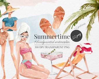 Conjunto de imágenes prediseñadas de acuarela con un toque tropical chic: PNG pintados a mano para estilos veraniegos y playeros.