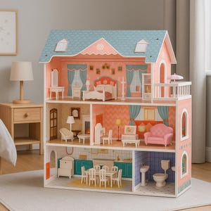 3-Story Wooden Princess Dollhouse: Miniature Furniture Dream House