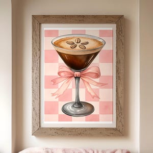 Espresso Martini Print Digital Download, Coffee Lover Wall Art with Pink Bow, Elegant Kitchen Decor, Modern Bar Sign, Printable Cocktail Art