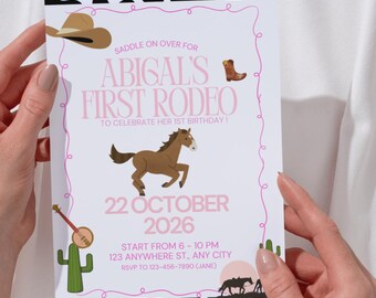 Pink First Rodeo Birthday Invitation – Editable Canva Template | Cowgirl 1st Birthday Party Invite | Western Digital Download (Printable)