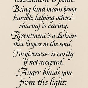 May include: A cream-colored print features elegant black script with inspirational quotes about kindness, resentment, forgiveness, and anger. The text is arranged in a flowing, artistic layout, with decorative flourishes.