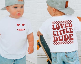 Personalized Loved Little Dude Shirt, Retro Checkerboard Valentine Tee, Custom Name Boy Gift, Toddler Valentines Shirt, Front Back Print Top
